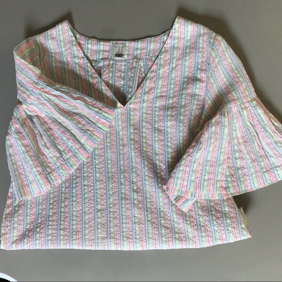 A NEW DAY Seersucker Ruffle Bell Sleeve Metallic Sparkle Neon Striped Blouse - Picture 6 of 9